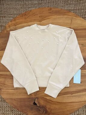 ANTONIO MELANI Pearl-Embellished Cream Crewneck Sweatshirt